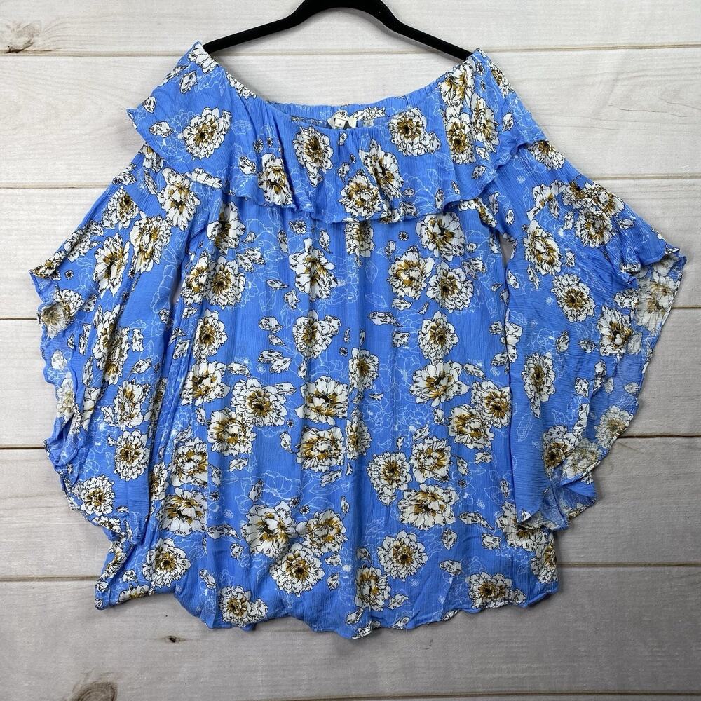 Umgee Boho Off Shoulder Top M Blue Floral 3/4 Bell Sleeve Top Flowy Beach Ruffle